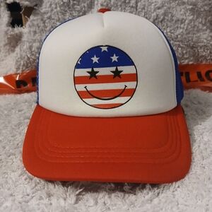 Patriotic Smiley Trucker Hat - Red, White, and Blue